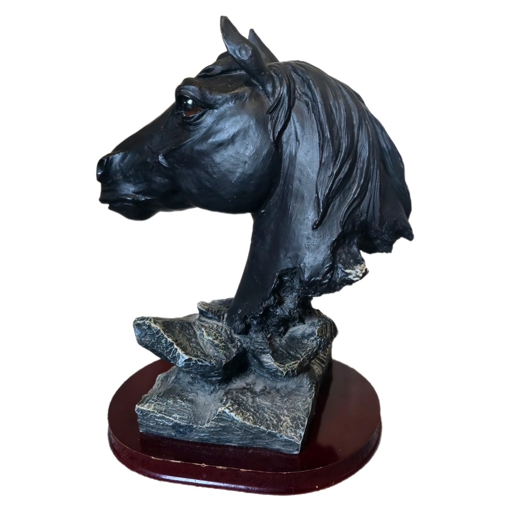 Black Horse Head Bust Sculpture on Wood Base - Decorative Home Art 12" Tall - Picture 7 of 10